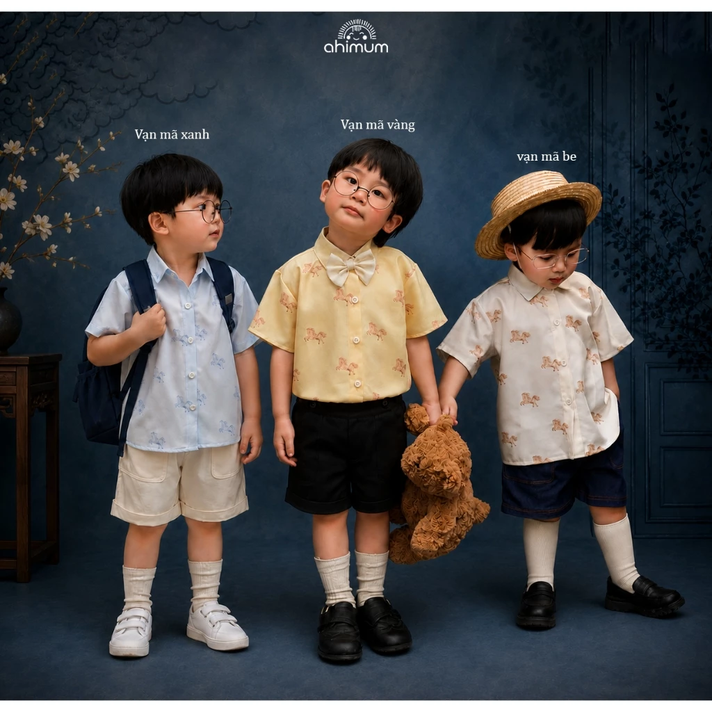 Áo sơ mi bé trai AHIMUM  sơmi bé trai cộc tay trai chất vải lụa mềm mại thoáng mát Size bé 1-11 tuổi