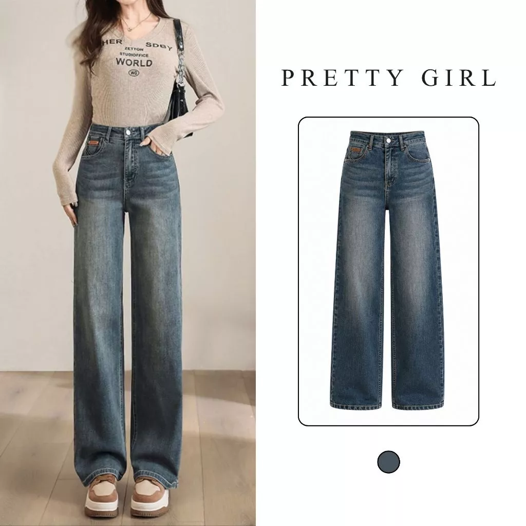 Quần Jean Nữ Ống Suông Co Giãn Pretty Girl, Quần Bò Co Giãn Chất Jean Dày Dặn