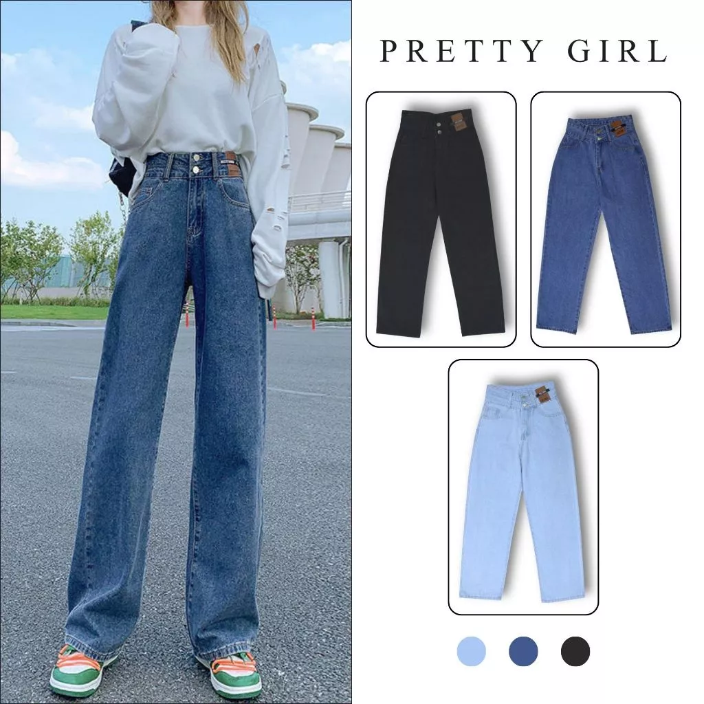 Quần Jean Nữ Ống Rộng Lưng Cao 2 Cúc Pretty Girl J2C, Quần Ống Đứng Tôn Eo, Tôn Dáng