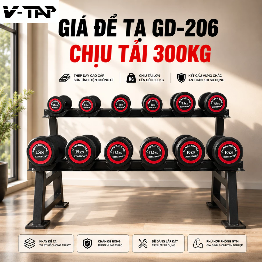Giá Để Tạ Tay 2 Tầng Loại 6 Cặp Tạ V-Tap GD206 Thép Chắc Chắn Chịu Tải 300KG