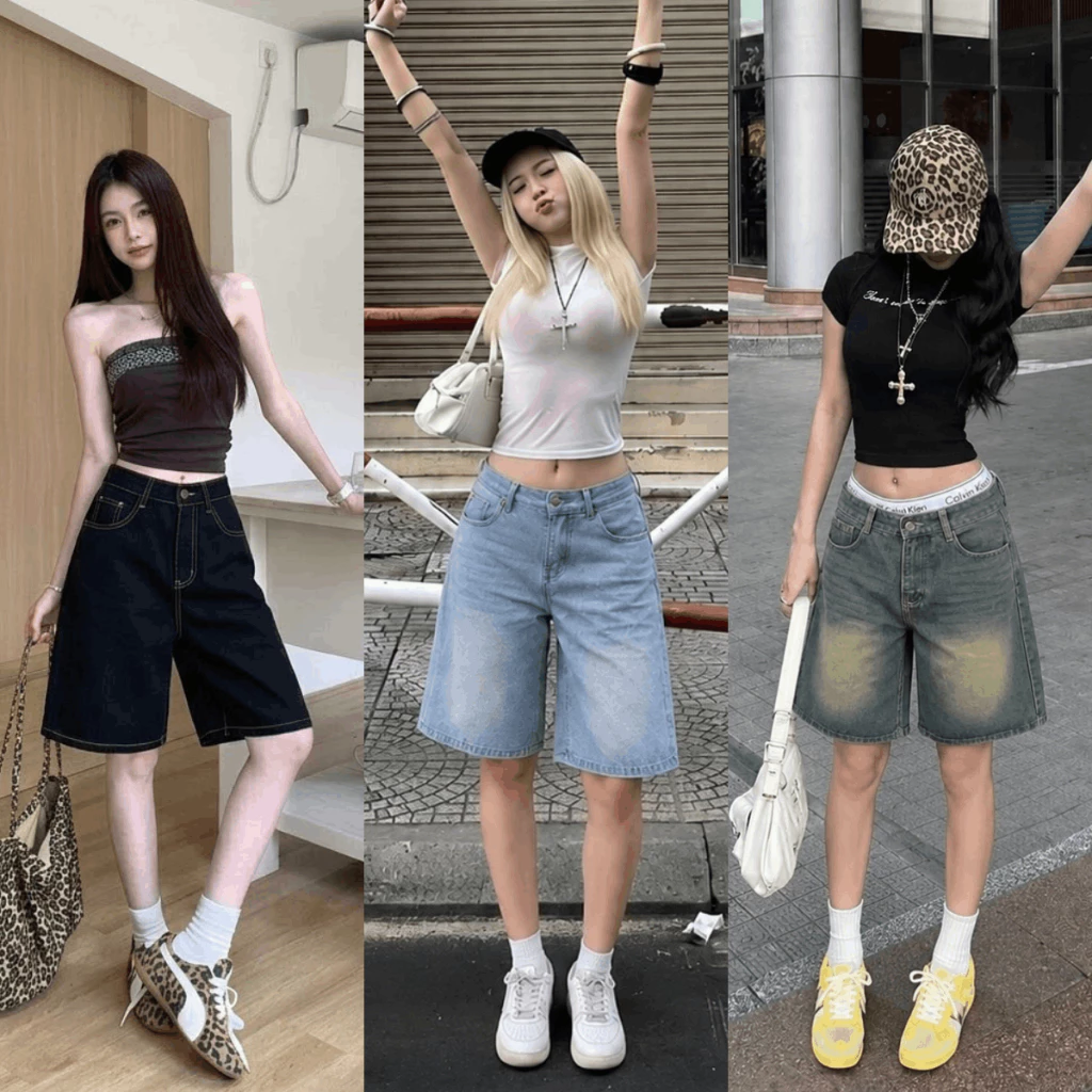 Quần Short Jean Ngố Nữ Suông Ống Rộng 3 Màu Xanh Đen Wash Retro Chất Jean Denim Form Lửng Ống Rộng