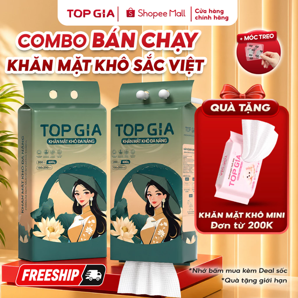 Combo 2 Khăn mặt khô Top Gia treo tường Sắc Việt, dùng 1 lần mềm mịn, an toàn cho mọi làn da