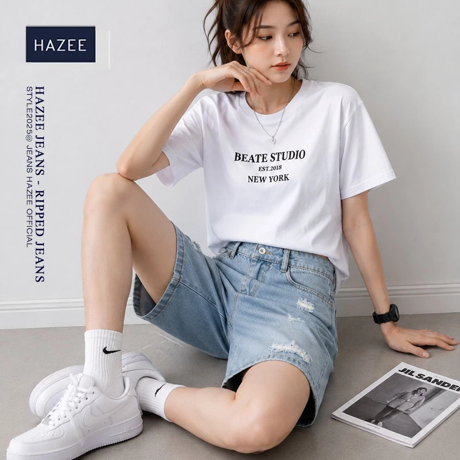 Quần Short Jean Nữ Cạp Cao Form Suông Rách Nhẹ Màu Xanh Wash Cá Tính 2026