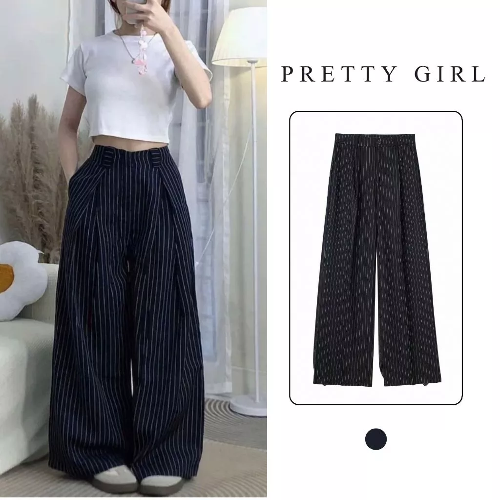 Quần Kẻ Sọc Ống Rộng Pretty Girl , Quần Ống Suông Nữ Dáng Dài Hàn Quốc, Quần Vải Nữ Lưng Thun Co Giãn Thoải Mái Tôn Dáng