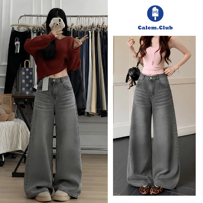 Quần Jean Nữ Xám Wash Phong Cách Calem.Club Ống Rộng 28M Quần Jean Denim Mềm Ôm Eo Tôn Dáng Form Suông Ống Rộng
