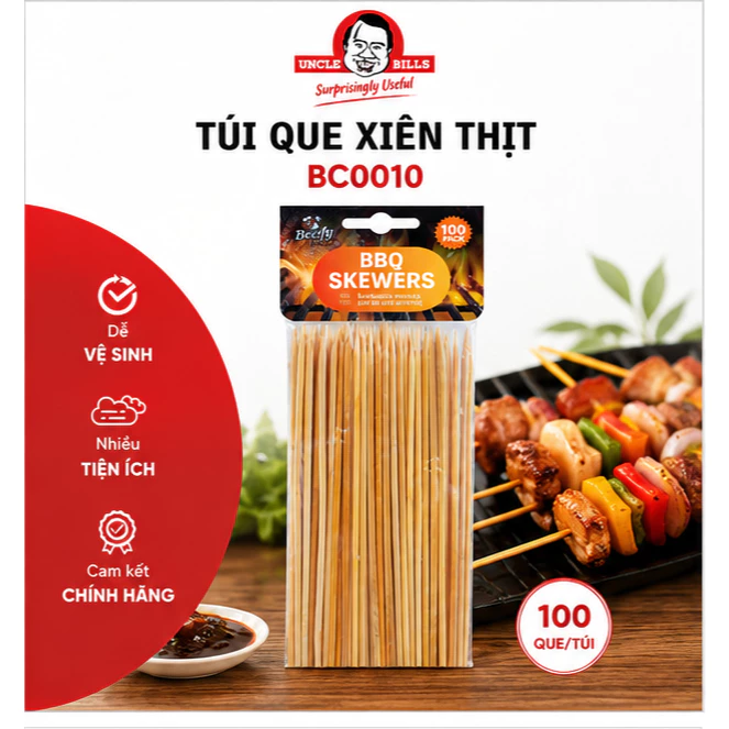 Túi 100 Que Xiên Tre Uncle Bills BC0010 25cm - Que Xiên Thực Phẩm Dùng Cho BBQ, Tiệc Nướng