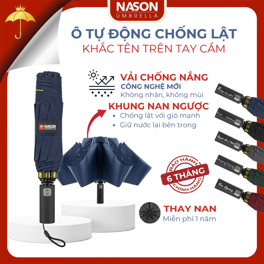 Ô dù che mưa nắng nan ngược chống lật Nason Umbrella, ngăn 99% UV, khắc tên logo, tự động 2 chiều