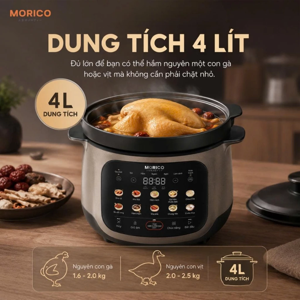 Nồi Hầm Dưỡng Sinh Morico Premium M4 4L, Nồi Nấu Chậm Giữ Trọn Dinh Dưỡng, Lòng Gốm Cao Cấp, Hầm Nhanh Mềm Mọng