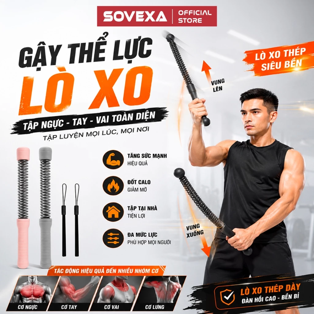 Gậy Tập Tay Lò Xo Power Twister SOVEXA Gậy Tập Ngực Tay Vai, Dụng Cụ Tập Gym Tại Nhà Cho Nam Nữ
