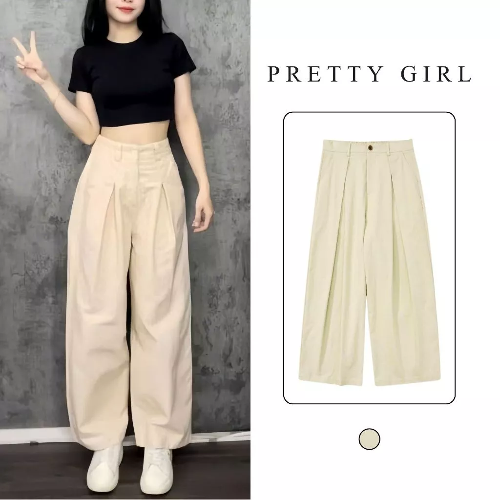 Quần Kaki Nữ Ống Suông Rộng Màu Kem, Quần Kaki Nữ Pretty Girl KAKIG Chuẩn Form, Tôn Dáng