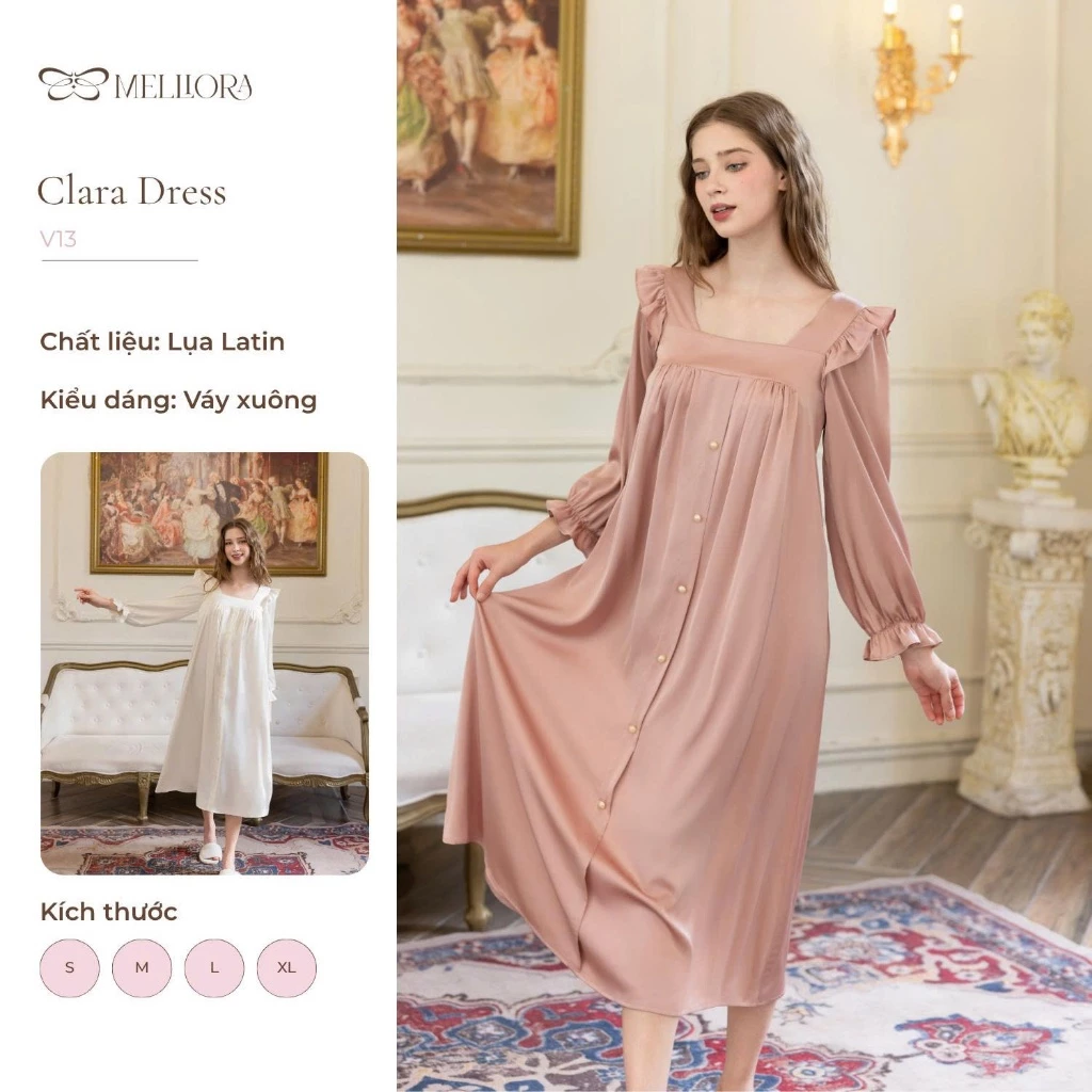 Váy ngủ thu đông dáng dài cổ vuông chất lụa Latin mềm phong cách tiểu thư form rộng che khuyết điểm