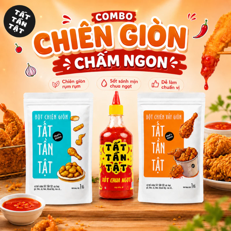 Combo Bột chiên và Xốt TẤT TẦN TẬT - Bột chiên giòn 1kg, Bột chiên vẩy giòn 1kg, Xốt chua ngọt 500g giòn rụm đậm vị