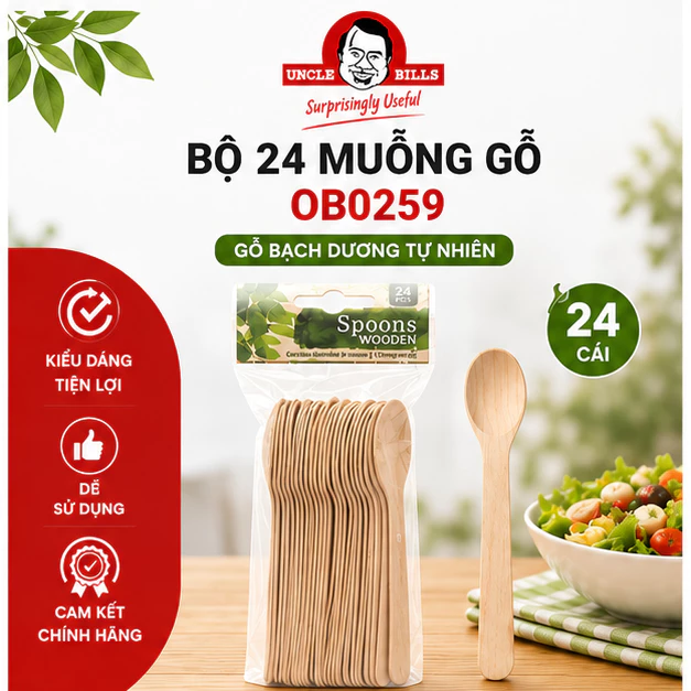 Muỗng Gỗ Dùng Một Lần Uncle Bills OB0259 Bộ 24 Cái - Thân Thiện Môi Trường, Tiện Lợi