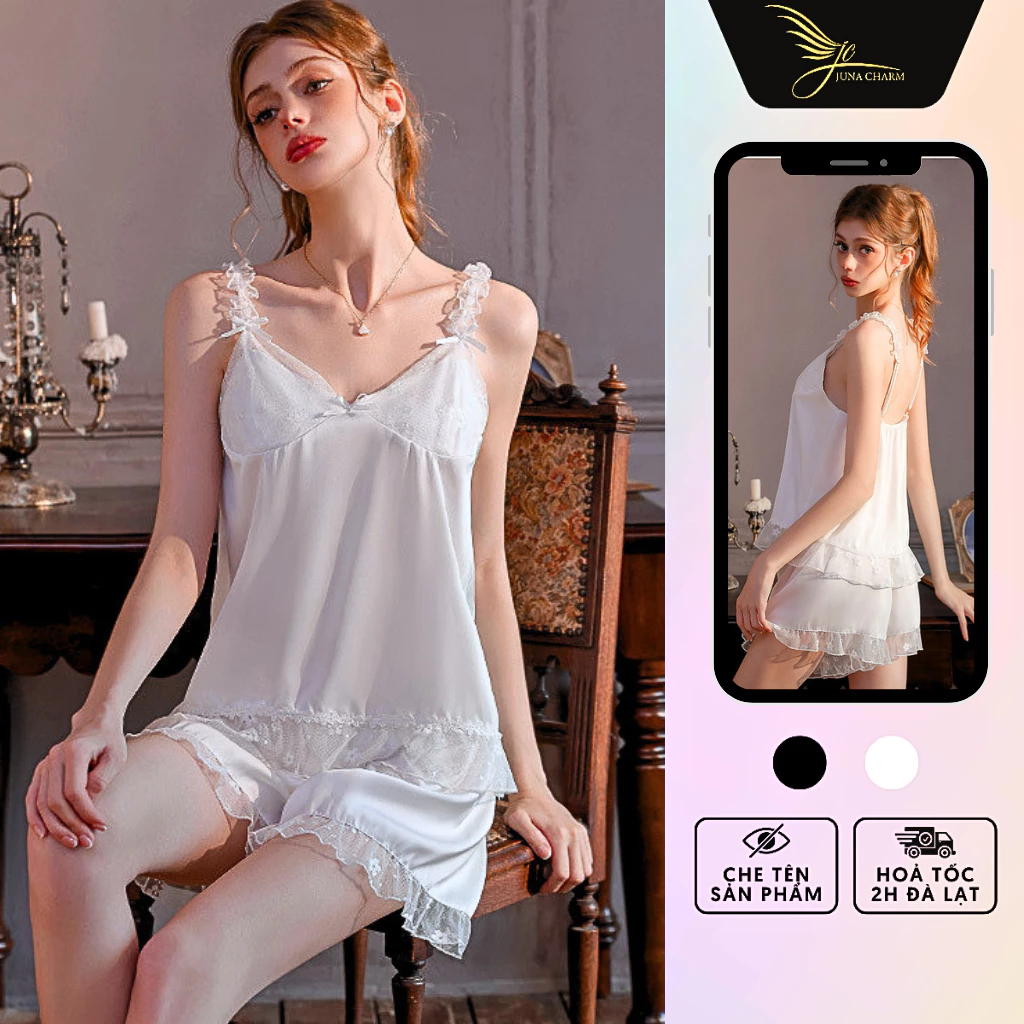 Bộ Ngủ 2 Dây Quần Đùi, Đồ Mặc Nhà JUNA Freesize Thời Trang Đồ Ngủ Dành Cho Nữ, Chất Lụa Phối Ren Voan, Màu Trắng/SP6418