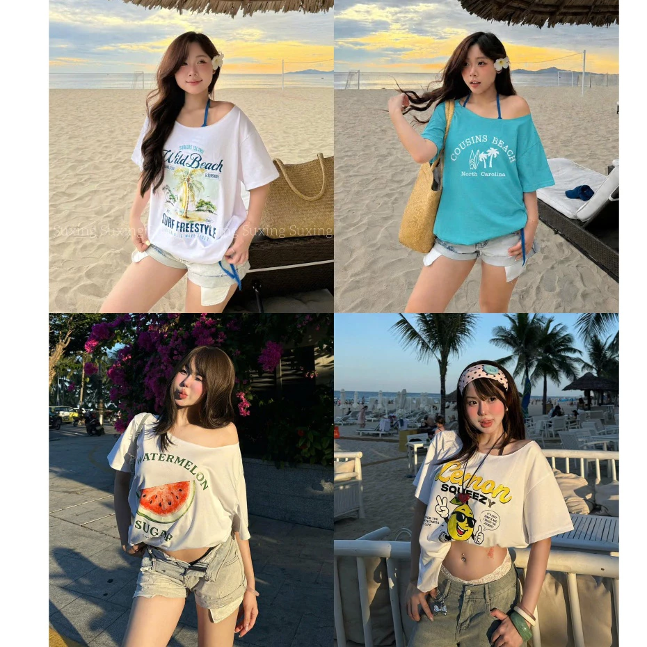 SUXING | Áo Thun Cotton Lệch Vai Form Rộng In Nhiều Hình Đi Biển Mùa Hè - S335