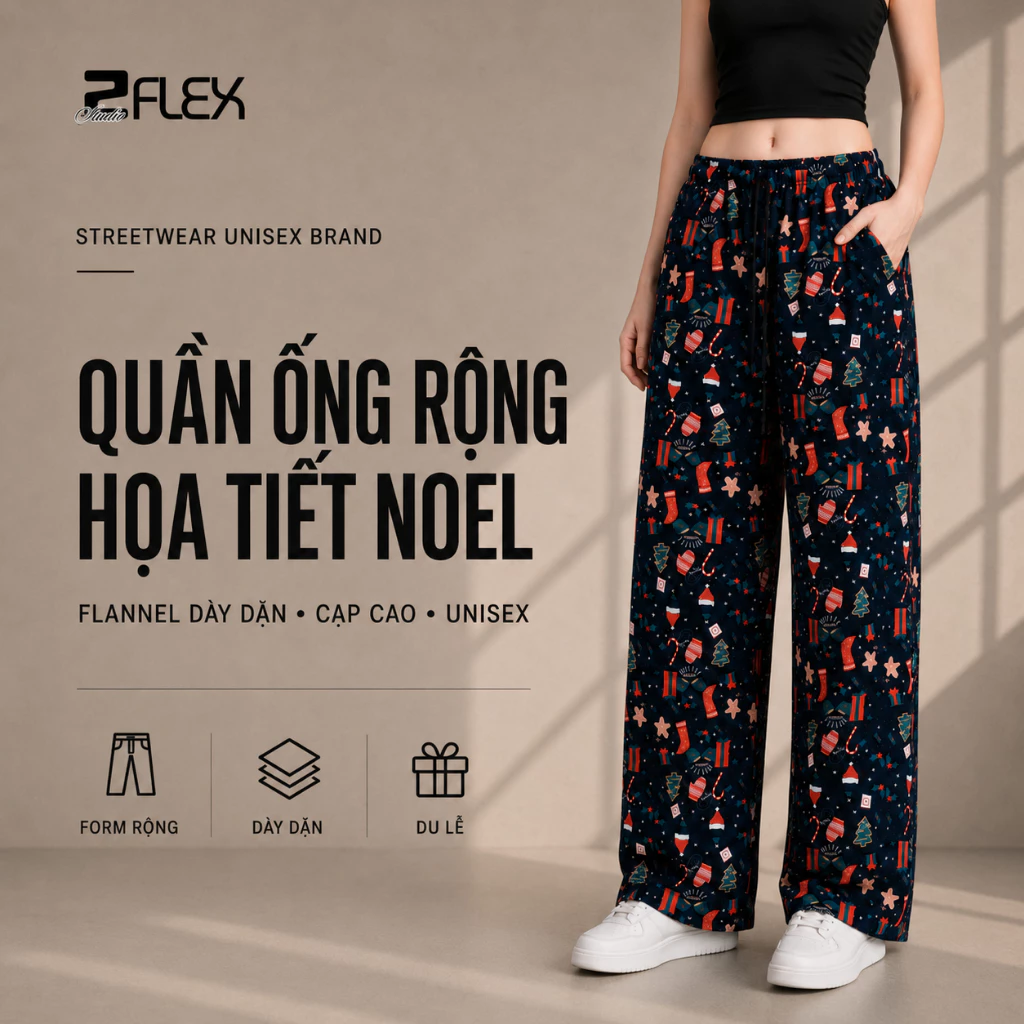 Quần ống rộng họa tiết Noel ZFLEX quần flannel unisex chất dày dặn hack dáng cạp cao QZG24
