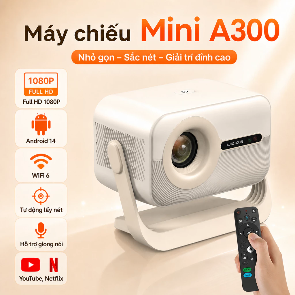 Máy chiếu Mini A300 Full HD 1080P 4K Android14 Wifi6 lấy nét tự động Hỗ trợ giọng nói xem YouTube Netflix Kết Nối Laptop