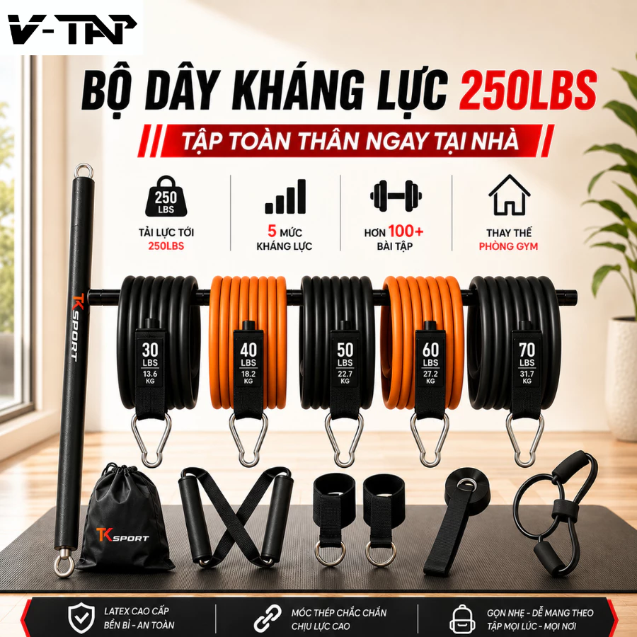 Bộ Dây Kháng Lực Tập Gym 250LBS, Dây Kháng Lực Hỗ Trợ Tập Luyện Tại Nhà Chất Liệu TPE Cao Cấp