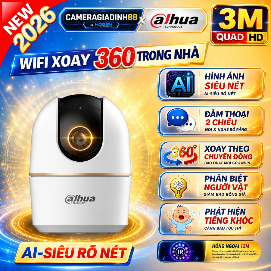 Camera Wifi Dahua Hero A1 DH-H3AE 3MP Xoay 360–AI Theo Dõi Chuyển Động–Đàm…