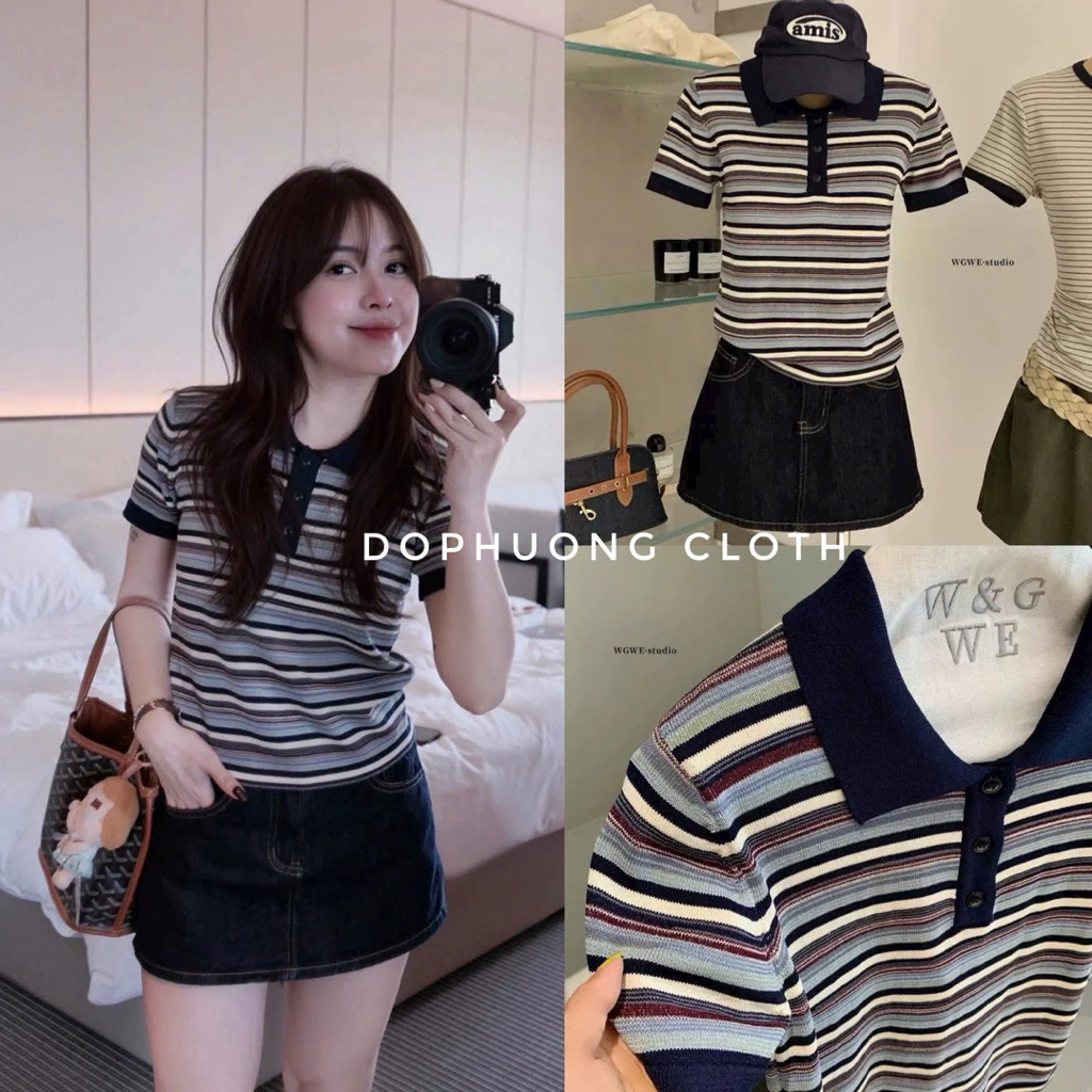 (Hàng QC Đẹp có sẵn - video chính chủ) Áo Polo Len Mongtoghi Kẻ Sọc Tối Màu thanh lịch phù hợp cho mùa hè - thu