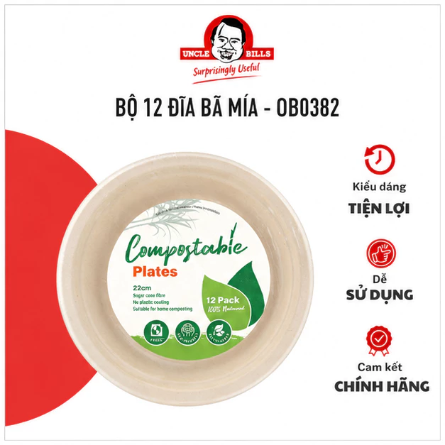 Đĩa Bã Mía Dùng Một Lần Uncle Bills OB0382 Bộ 12 Cái - Tiệc, Dã Ngoại, Cắm Trại, BBQ