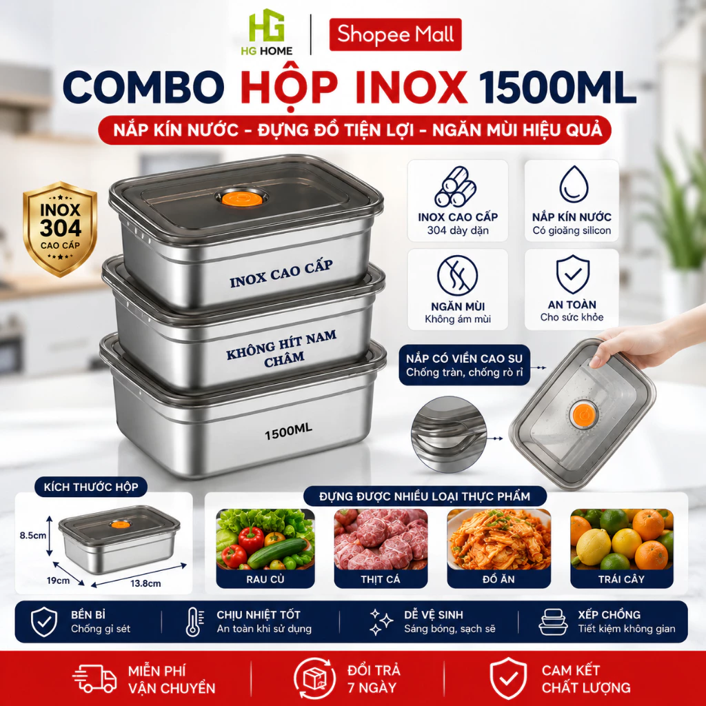 COMBO hộp khay inox 1500ml có nắp kín nước, hộp inox đựng đồ để tủ lạnh ngăn mùi kích thước 19cm x 8.5cm x 13.8cm