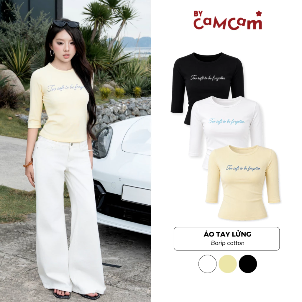 [BST STAY SUMMER] Áo Thun Tay Lửng 𝑩𝒚𝒄𝒂𝒎𝒄𝒂𝒎 Màu Trơn In Chữ Nổi Nữ Tính Hàn Quốc ABL680