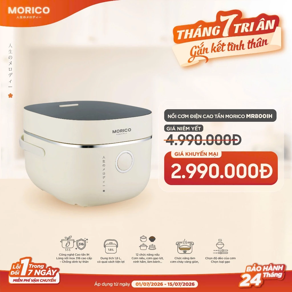 [Chính hãng] Nồi cơm điện cao tầng Morico MR800IH, 12 chức năng,công suất 1200w,bảo hành 24 tháng