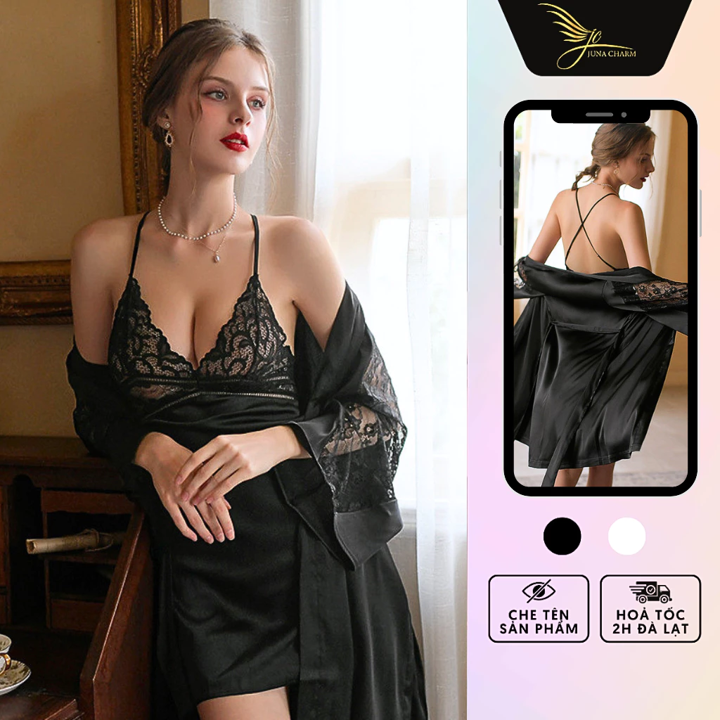 Set Váy Ngủ 2 Dây Và Áo Choàng Sexy JUNA Freesize Thời Trang Đồ Ngủ Dành Cho Nữ, Chất Vải Lụa Phối Ren, Màu Đen/SP8190