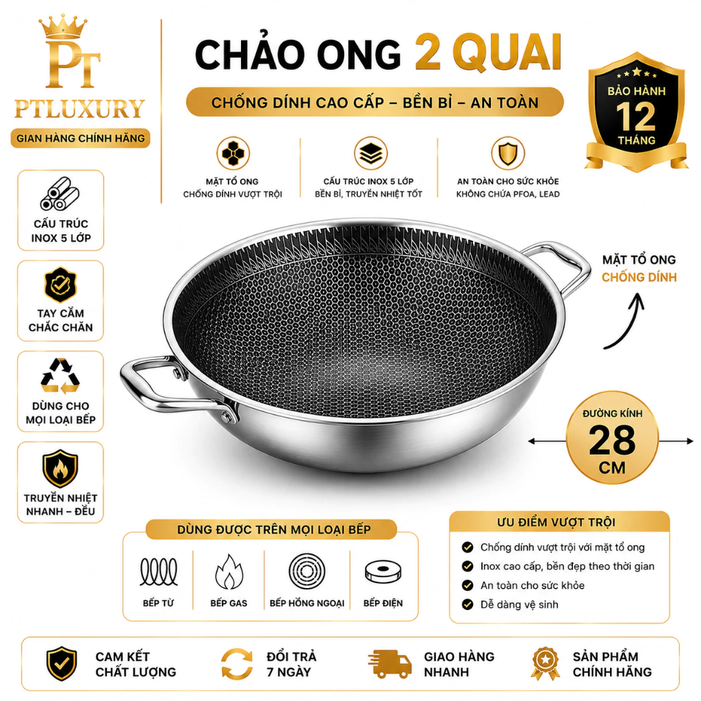 Chảo tổ ong size 28cm 2 quai cầm chống dính siêu tốt dùng dược nhiều loại bếp - PTLUXURY