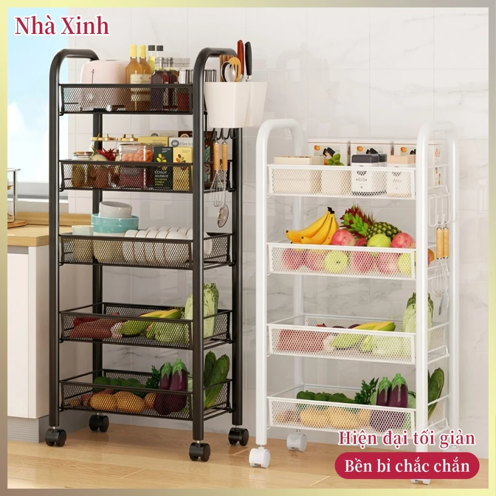 Kệ Để Rau Củ Nhà Bếp 5 Tầng Khung Thép Sơn Tĩnh Điện Có Bánh Xe Xoay 360° Tiện Lợi Cao Cấp
