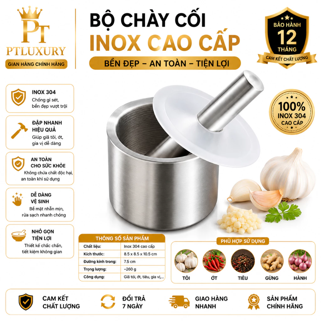 Cối Chày Inox 304 Kháng Khuẩn, Khử Mùi, Dễ Vệ Sinh - PTLUXURY