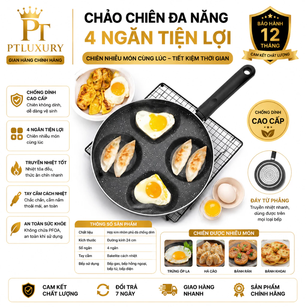 Chảo chiên ốp trứng 4 ngăn chống dính dùng được bếp từ - PTLUXURY
