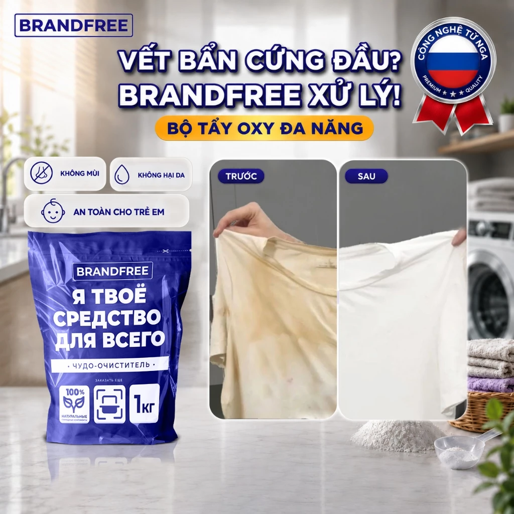 Bột Tẩy Oxy Trắng Quần Áo, Giày Dép BRANDFREE 1KG | Đánh Bay Vết Ố Vàng, Khử Mùi, Sạch Hiệu Quả