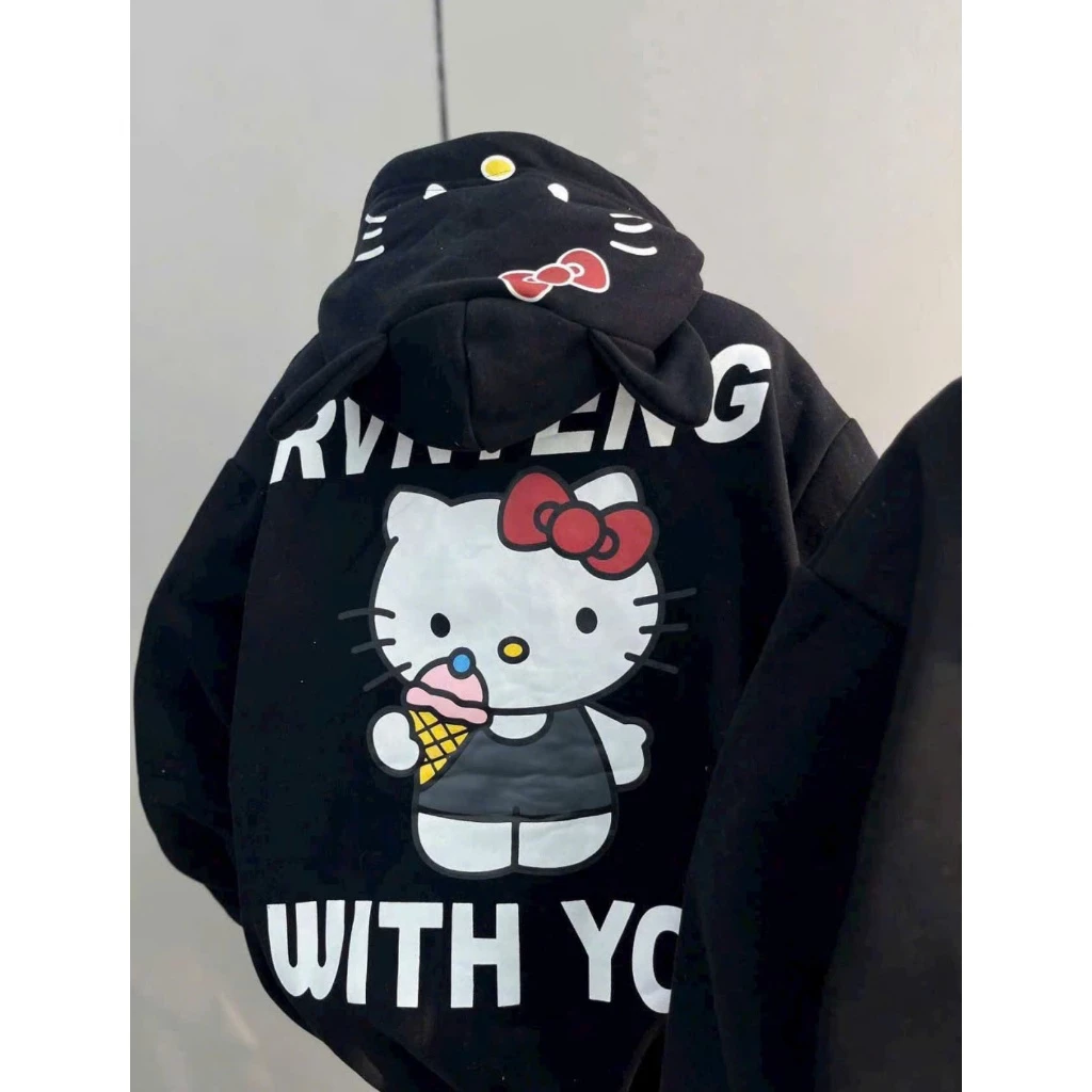 Áo Hoodie Hello Kitty Tai Mèo In Chữ WITH YOU Áo Khoác Nữ Dễ Thương Form Rộng