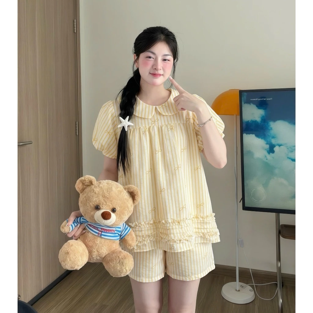 Kozoda Đồ Ngủ Cotton BN97 Họa Tiết Kẻ Sọc Viền Bèo Sóng Hoạt Hình Dễ Thương Dáng Suông Ngắn Tay Thoải Mái Chất Liệu Mềm