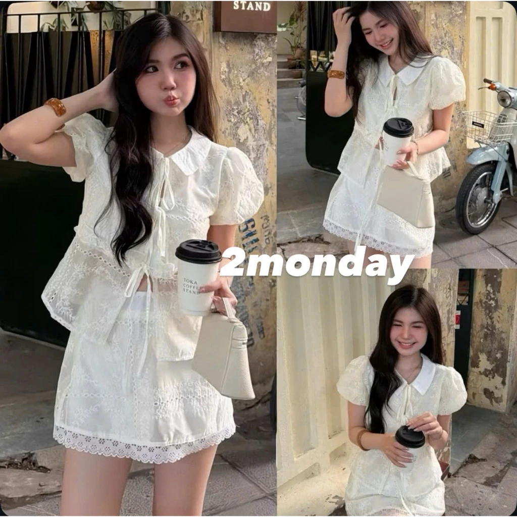 [HÀNG LOẠI 1/ SẴN] SET ÁO CỔ SEN PHỐI DÂY BUỘC THẮT NƠ KÈM CHÂN VÁY CHỮ A 2MONDAY S76