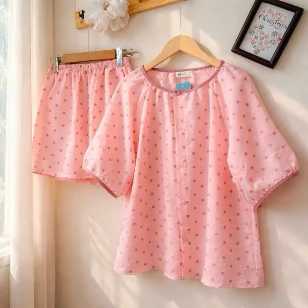 Đồ ngủ mặc nhà đũi mềm tiểu thư áo tay ngắn, quần đùi siêu thoải mái