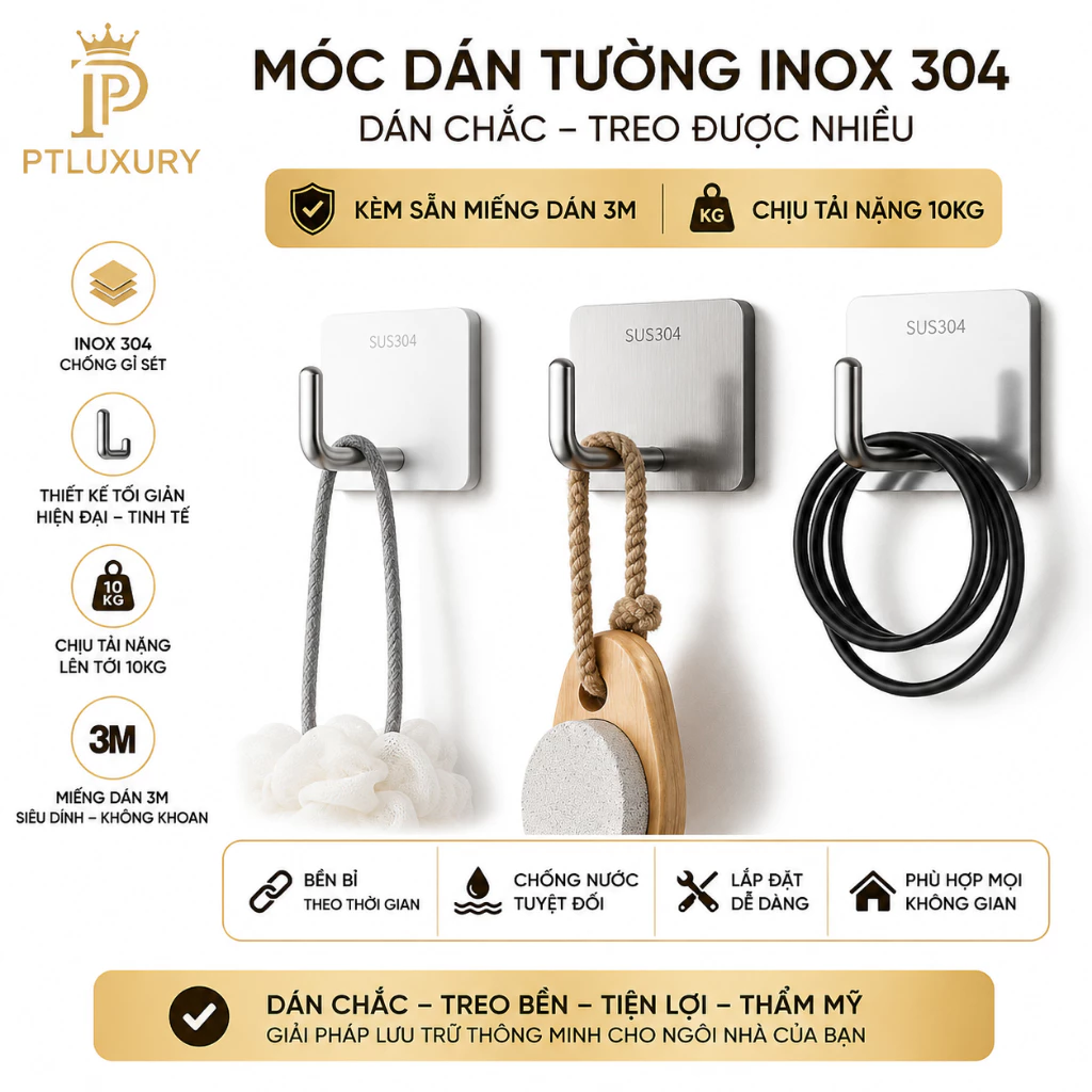 [ COMBO 10 CÁI ] Móc dán tường inox 304 không gỉ vuông treo đồ đa năng - PTLUXURY
