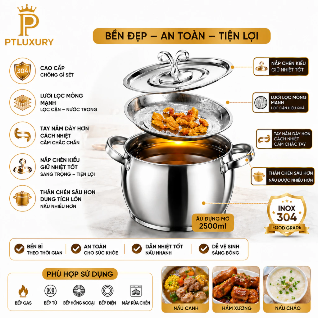 Âu Đựng Mỡ PTLUXURY Dung Tích 2500ml Chất liệu Inox 304 Chịu Nhiệt, Đựng Thức Ân, Tích Trữ Dầu Mỡ Đa Năng