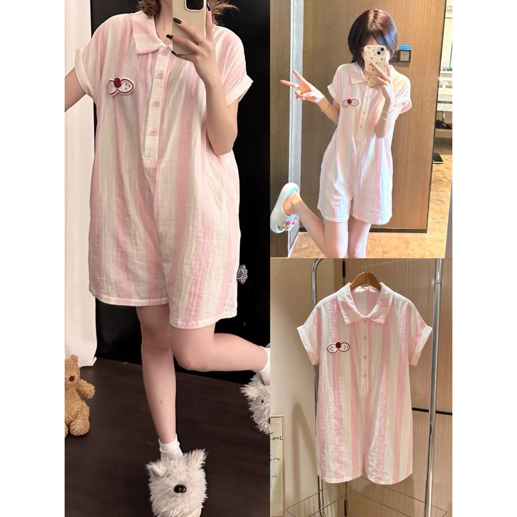 𝐂𝐡𝐚𝐫𝐥𝐨𝐭𝐭𝐞.𝐨𝐝_ Jums Ngắn Tay Kẻ Sọc Hồng Mèo Dễ Thương
