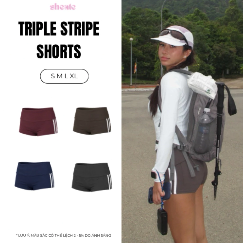 TRIPLE STRIPE SHORTS | Quần Short Thể Thao Nữ Cạp Cao Co Giãn 4 Chiều Có Túi Sau