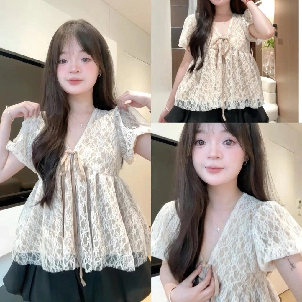 Áo Babydoll Cổ Tim Thắt Nơ Phối Ren Tay Bồng Tiểu Thư Siêu Xinh MS154