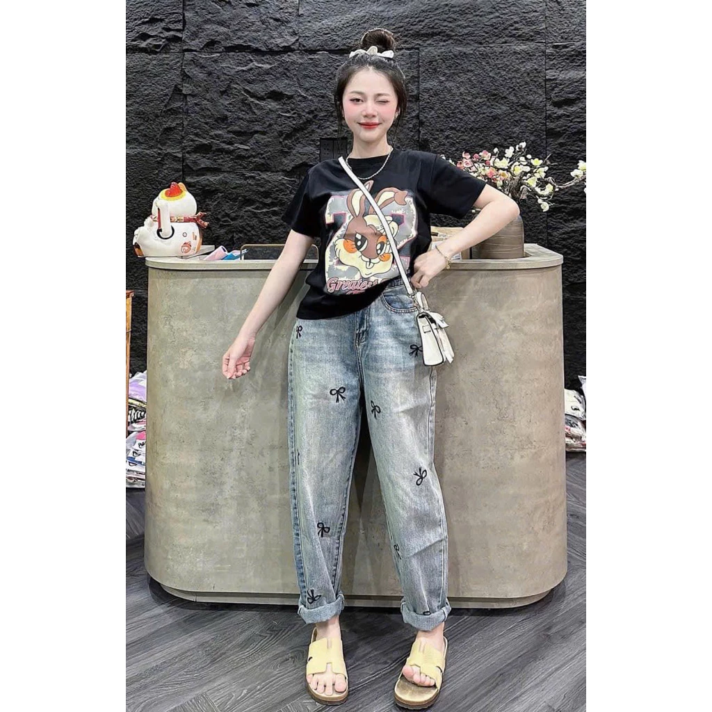 Quần Jean Nữ Baggy Lưng cao,  Thêu Túi Sau . Đủ Size S/M/L ( 5968 )