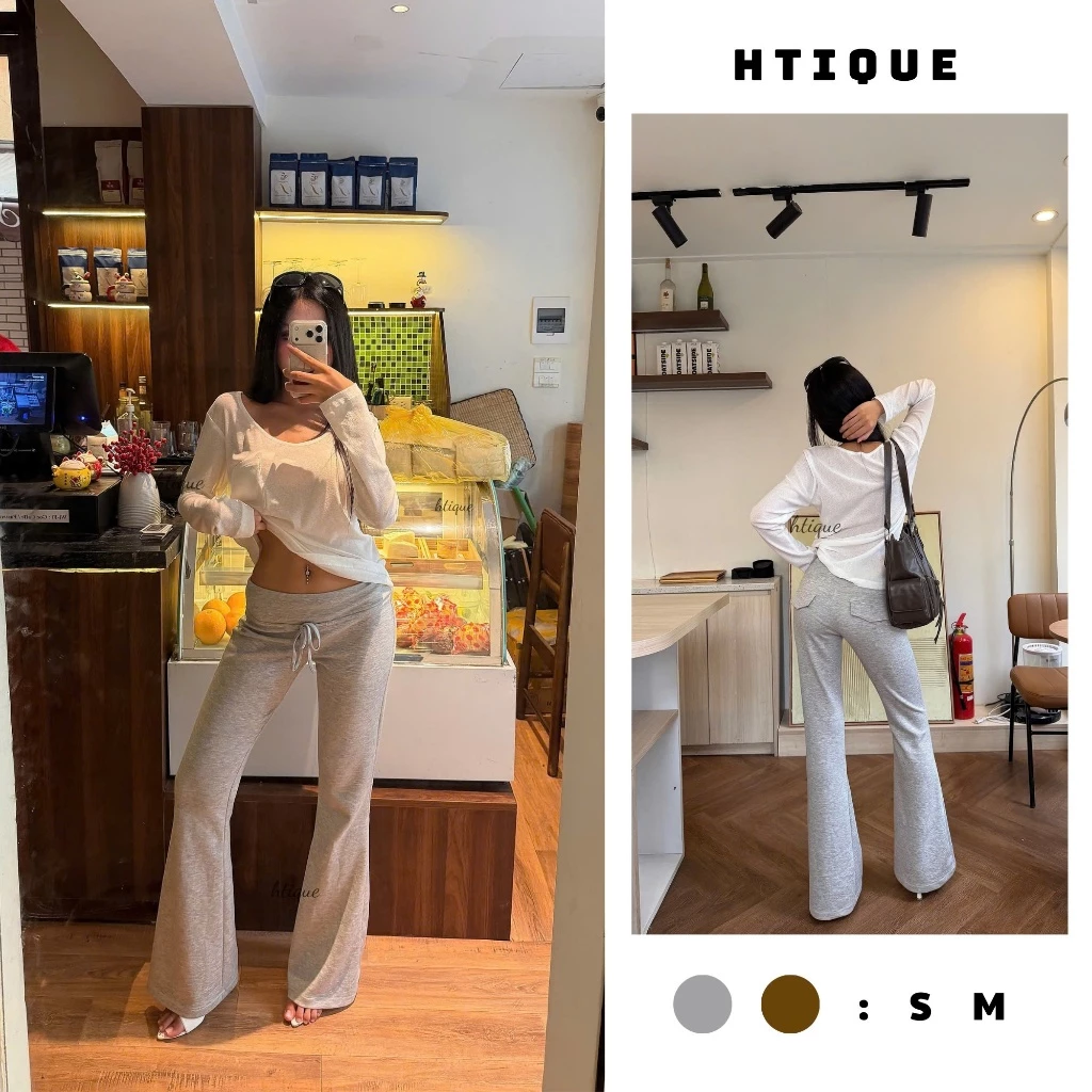 HTIQUE - DEAL mở bán Quần Ống Loe Dây Rút cạp thấp Co Giãn Tôn Dáng , Quần Ống Loe  Basic Co Giãn QB44