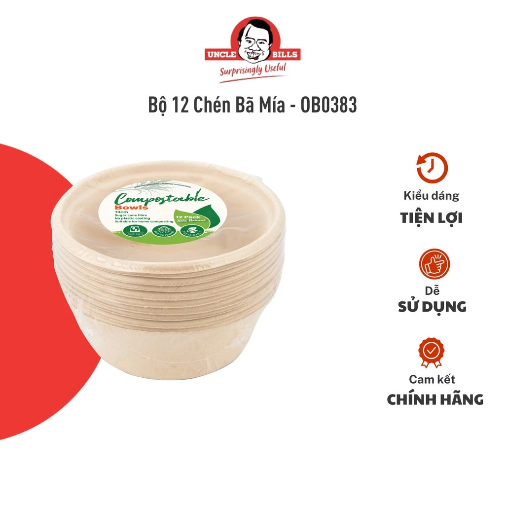 Bộ 12 Chén Sinh Học Bã Mía Uncle Bills OB0383 - Chịu Nhiệt, Dùng Được Lò Vi Sóng