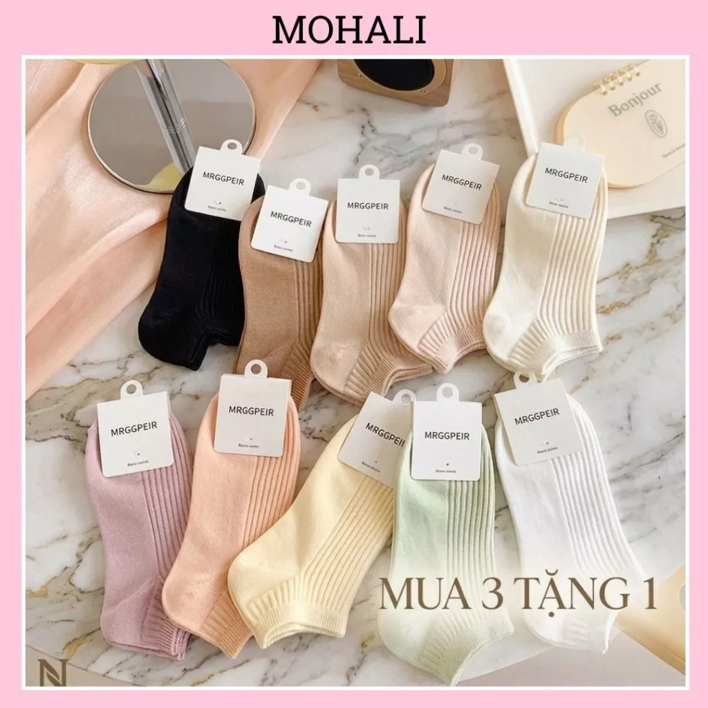 Tất vớ cổ ngắn nữ set 4 đôi vớ trơn gân cổ thấp cotton dày dặn kháng khuẩn MOHALI VN017