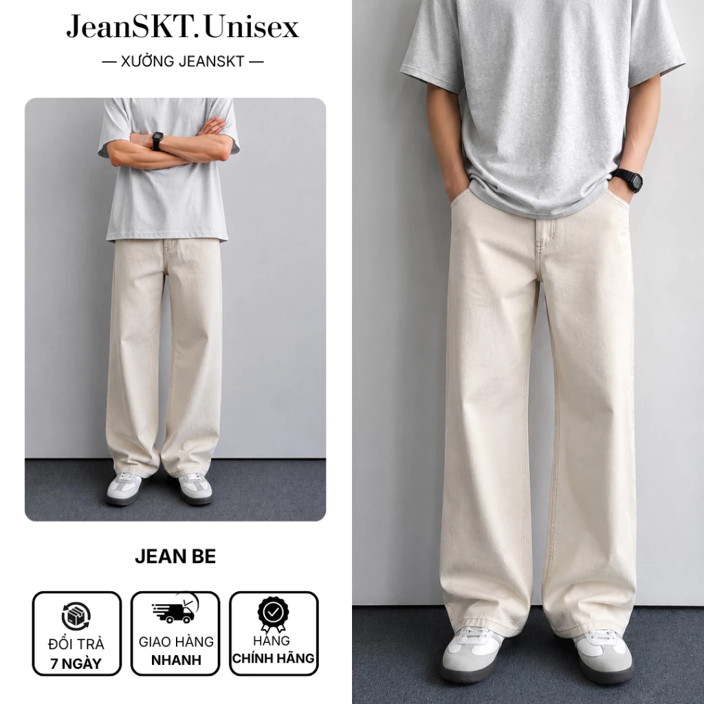 Quần jean nam màu be kem form dáng suông rộng SR03 chất vải jean bò mềm cao cấp JeanSkt xu hướng 2026