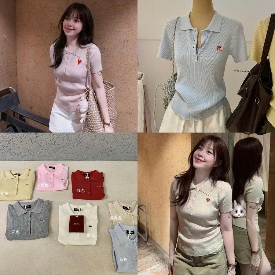 WGWE Studio Áo Polo Len Mongtoghi Nữ Cổ Bẻ Tay Ngắn Ôm Body Phong Cách Hàn Quốc 10323