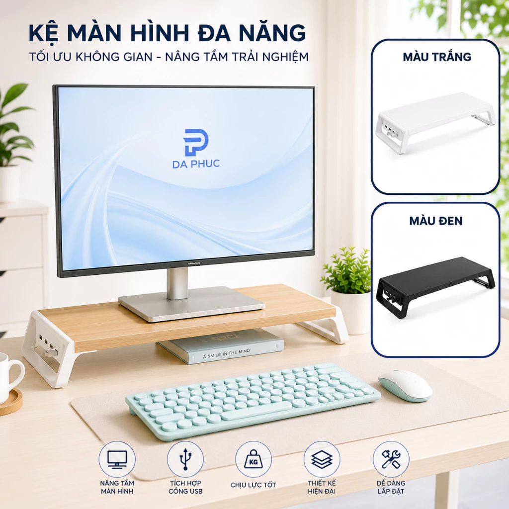 Kệ Máy Tính Cổng USB, Kệ Gỗ Để màn Hình Máy Tính Laptop Có Cổng Sạc USB cực tiện lợi gọn gàng
